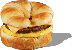 A breakfast sandwich with sausage, cheese, and egg