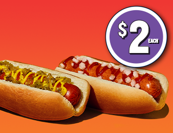 A hot dog with mustard and relish, and another with ketchup and diced onions. $2 each.