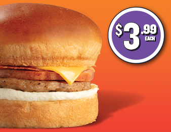Bacon, sausage, ham, cheese, brioche. Ultimate Meat Breakfast Sandwich for $3.99.