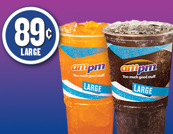 Large orange soda and large cola for 89¢ each.